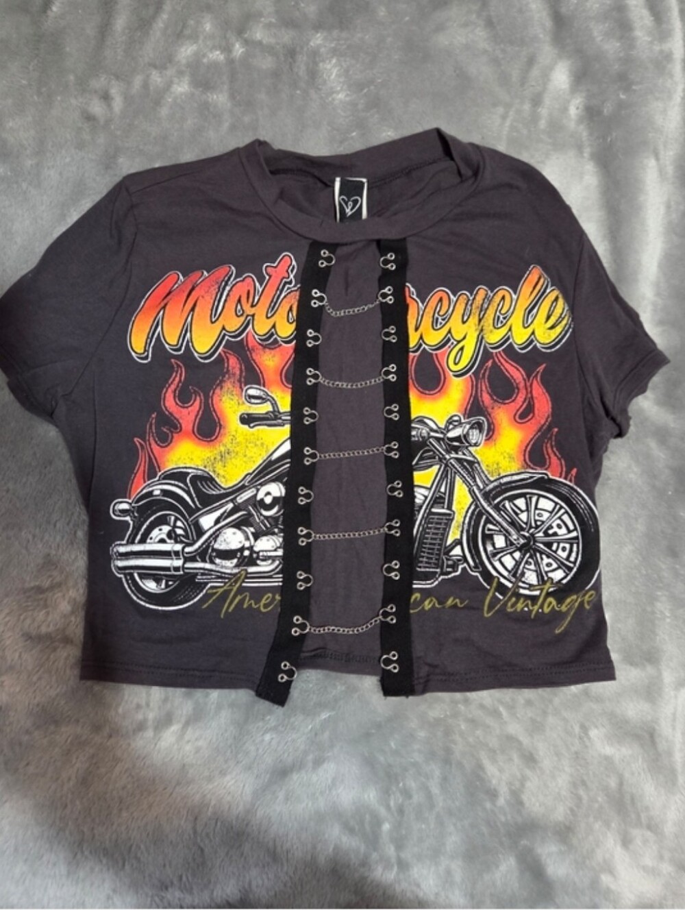 Windsor Black Motorcycle Graphic Crop Tee with Flame Print